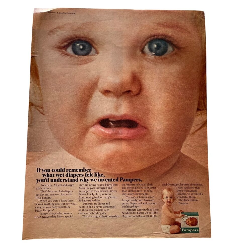 1971 Pampers Baby Diaper Full Page Vintage Print Ad Original Baby Crying u